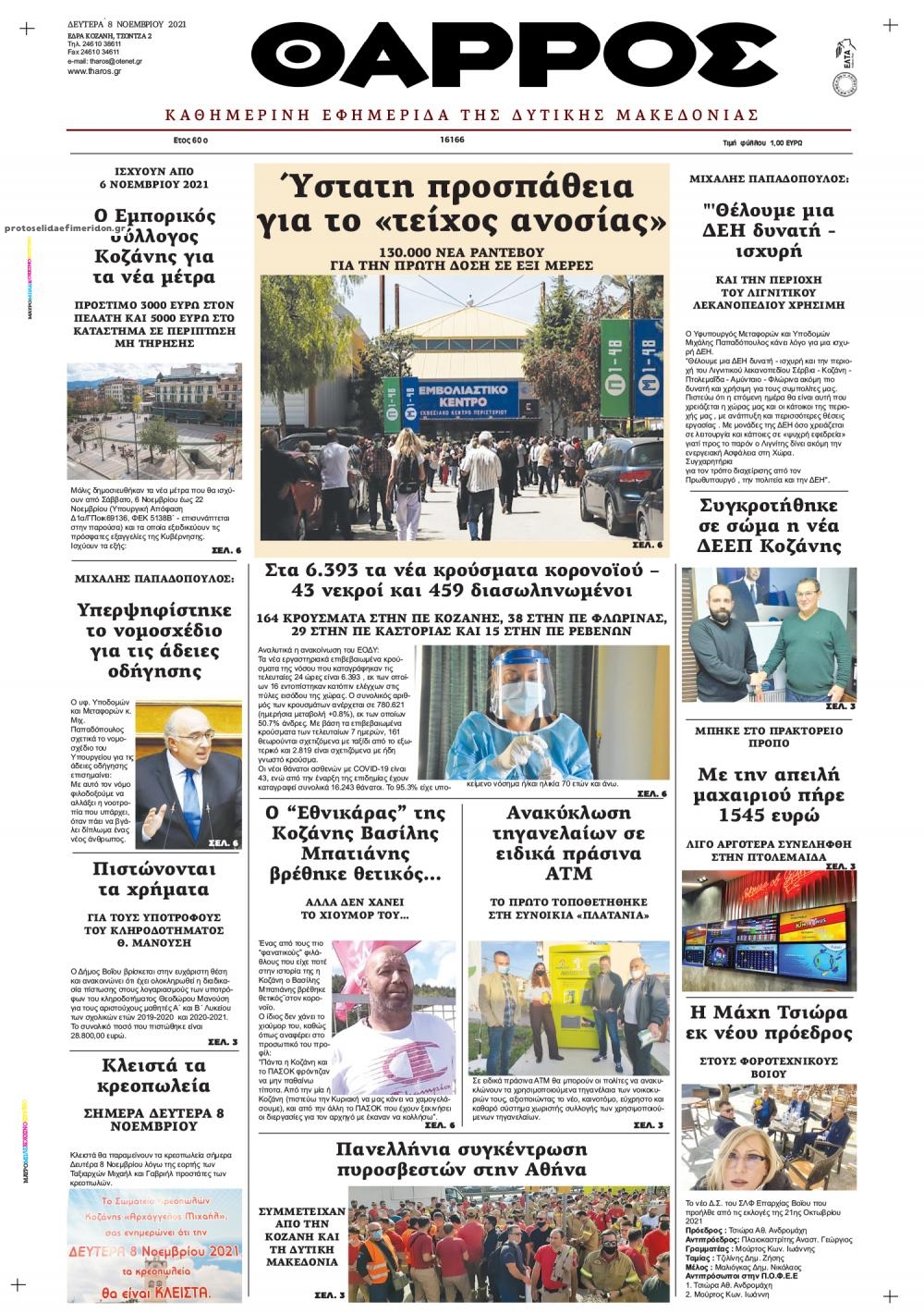 Πρωτοσέλιδο εφημερίδας Θάρρος Κοζάνης