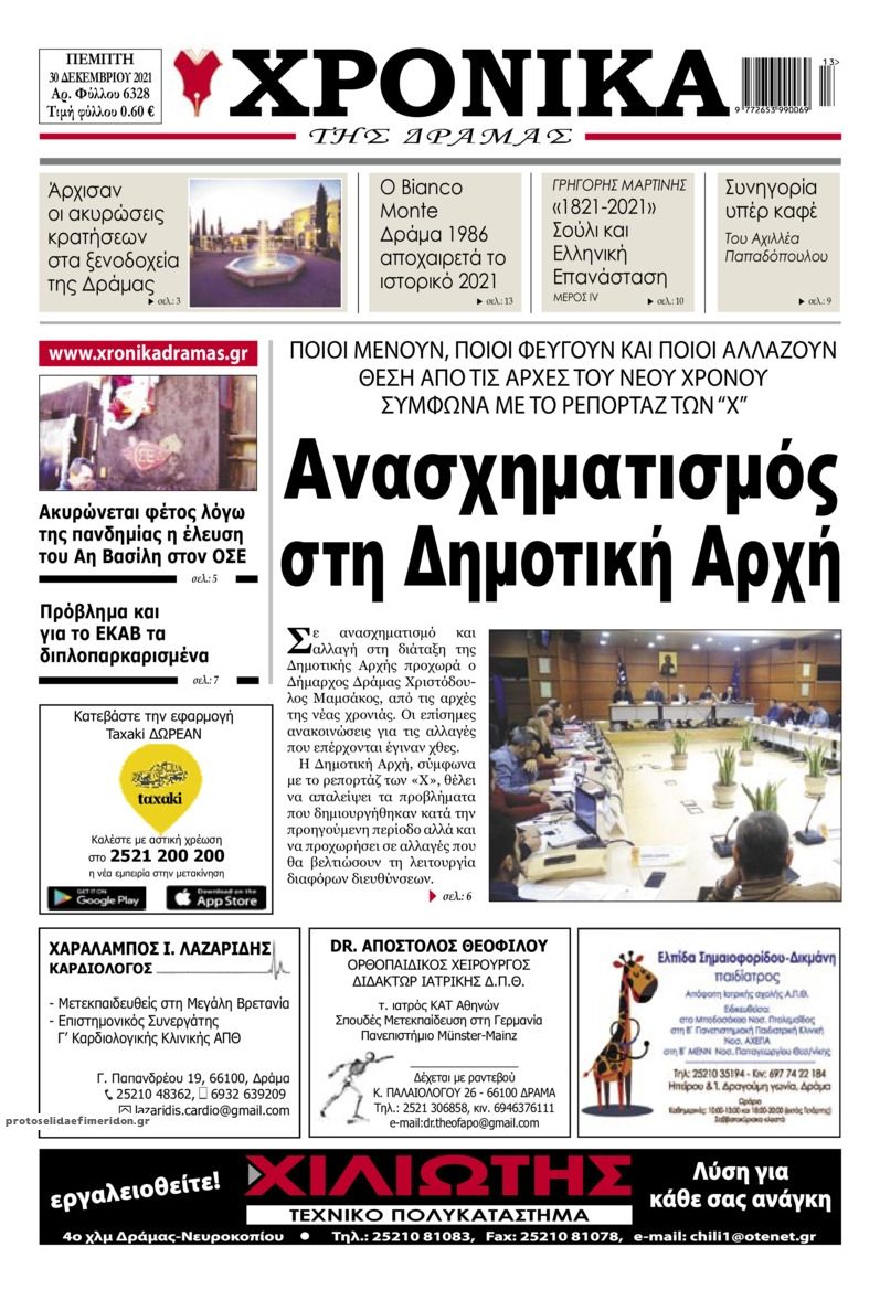 Πρωτοσέλιδο εφημερίδας Χρονικά Δράμας