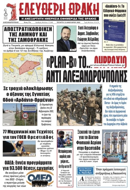 Πρωτοσέλιδο εφημερίδας Ελεύθερη Θράκη