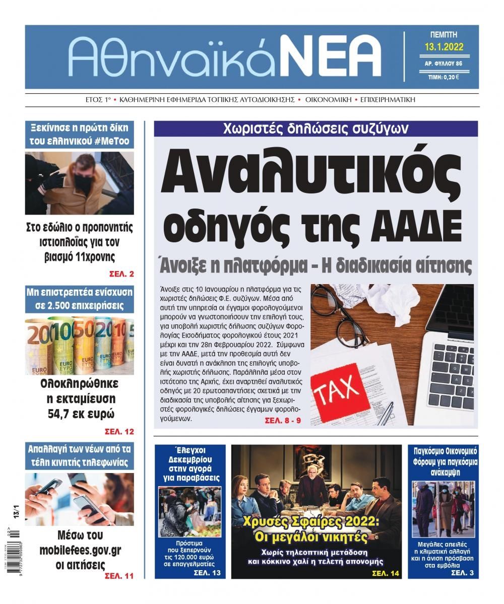 Πρωτοσέλιδο εφημερίδας Αθηναϊκά Νέα