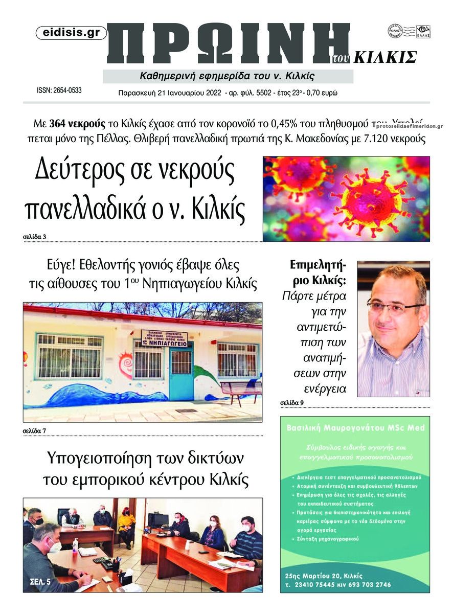 Πρωτοσέλιδο εφημερίδας Πρωινή Κιλκίς