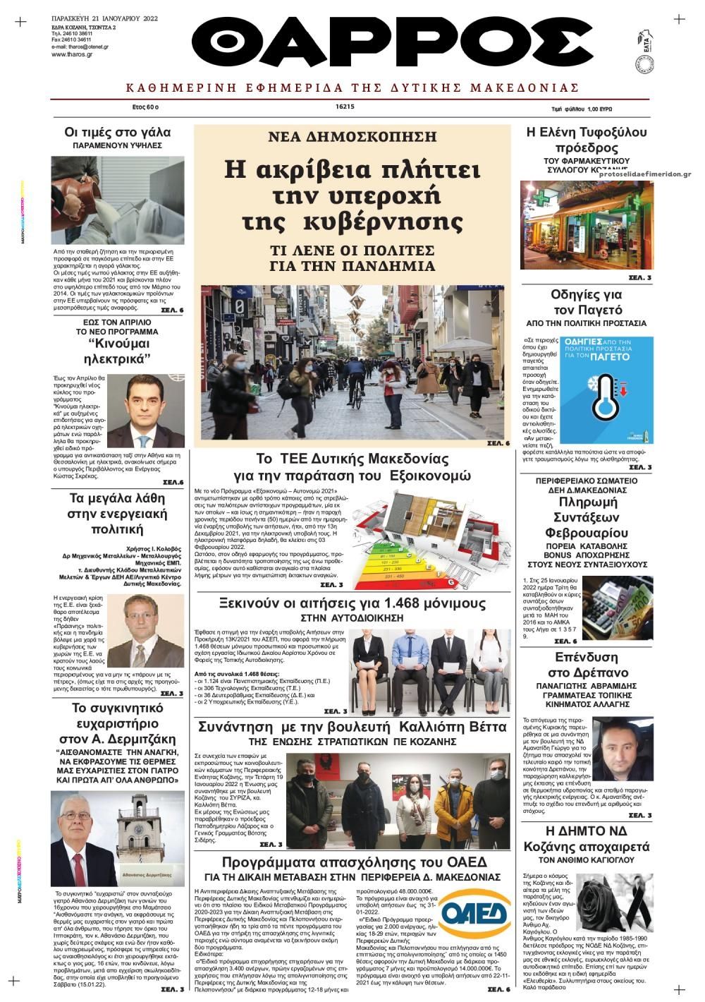 Πρωτοσέλιδο εφημερίδας Θάρρος Κοζάνης