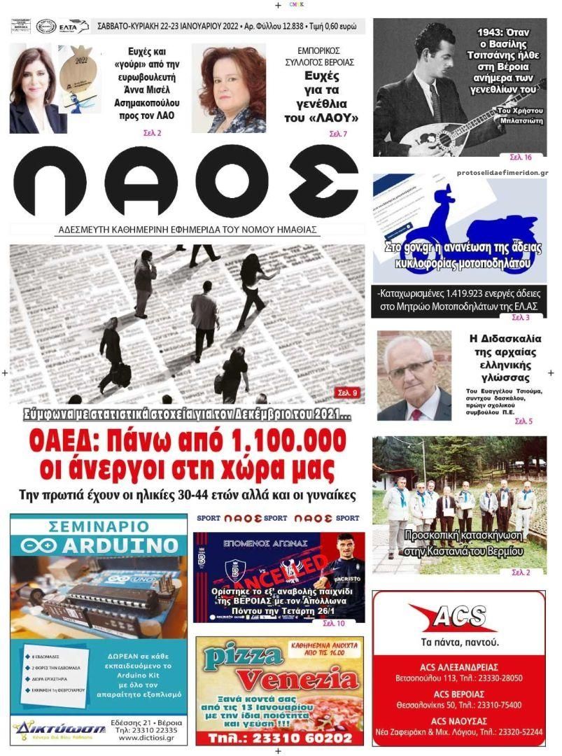 Πρωτοσέλιδο εφημερίδας Λαός Βέροιας