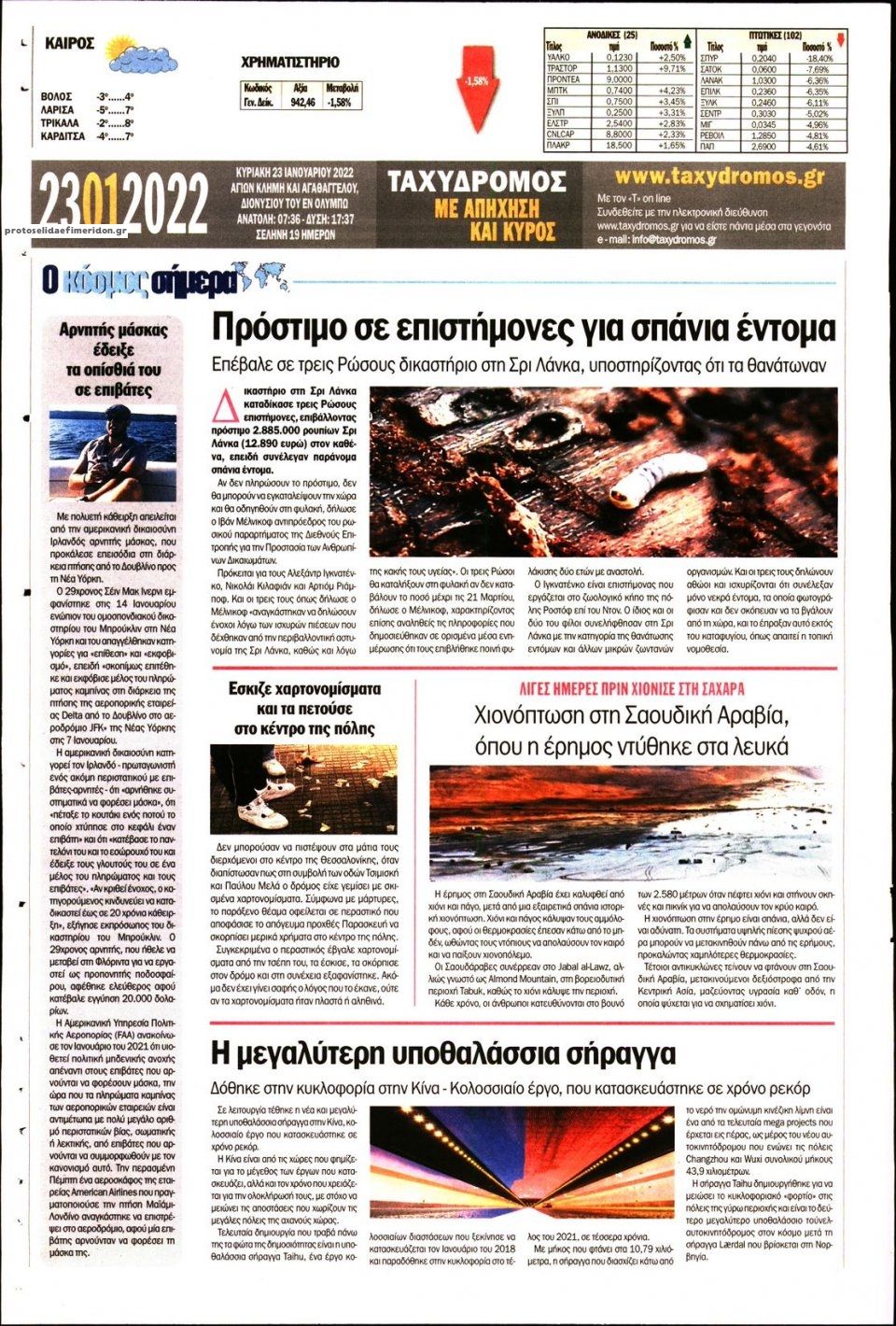 Οπισθόφυλλο εφημερίδας Ταχυδρόμος