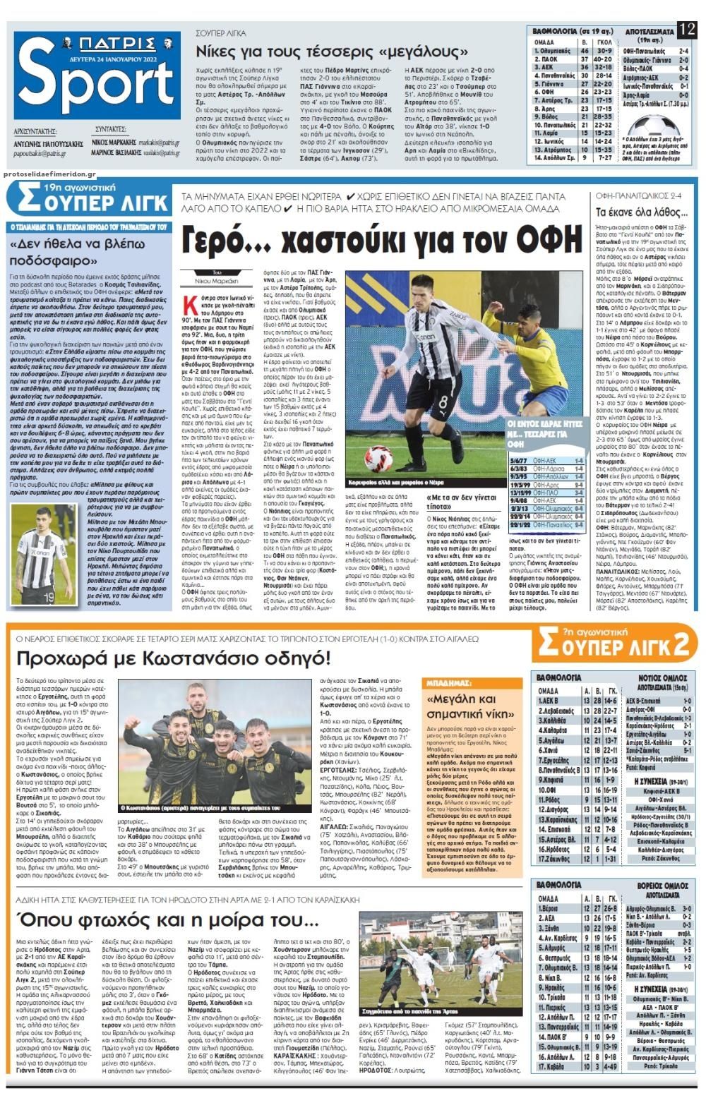 Πρωτοσέλιδο εφημερίδας Πατρίς Σπορ