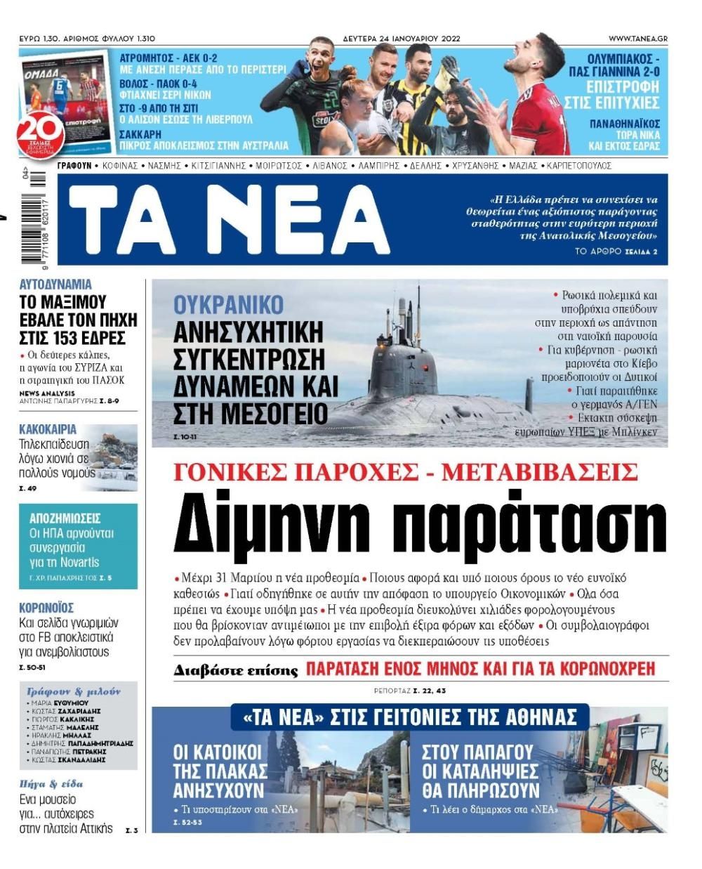 Πρωτοσέλιδο εφημερίδας Τα Νέα