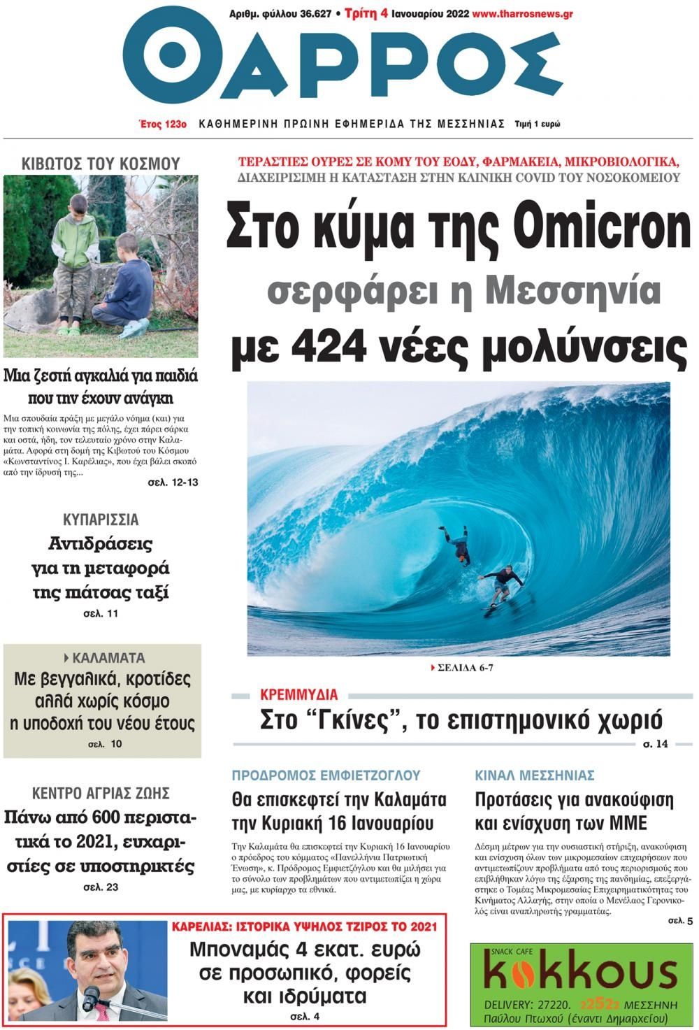 Πρωτοσέλιδο εφημερίδας Θάρρος Μεσσηνίας