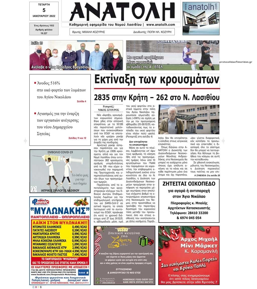 Πρωτοσέλιδο εφημερίδας Ανατολή
