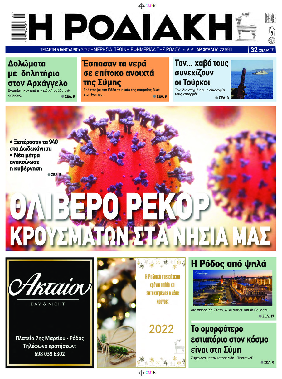 Πρωτοσέλιδο εφημερίδας Ροδιακή