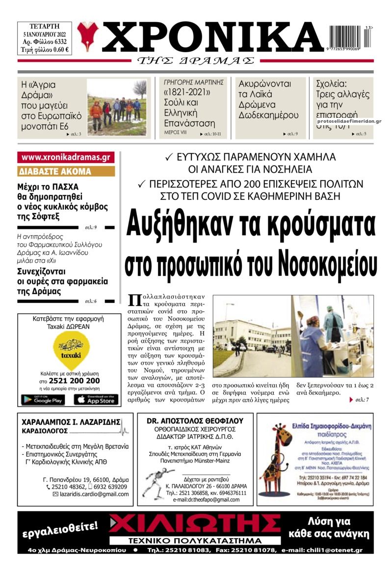 Πρωτοσέλιδο εφημερίδας Χρονικά Δράμας