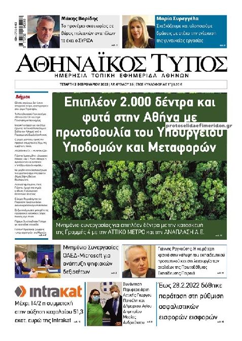 Πρωτοσέλιδο εφημερίδας Αθηναϊκός Τύπος
