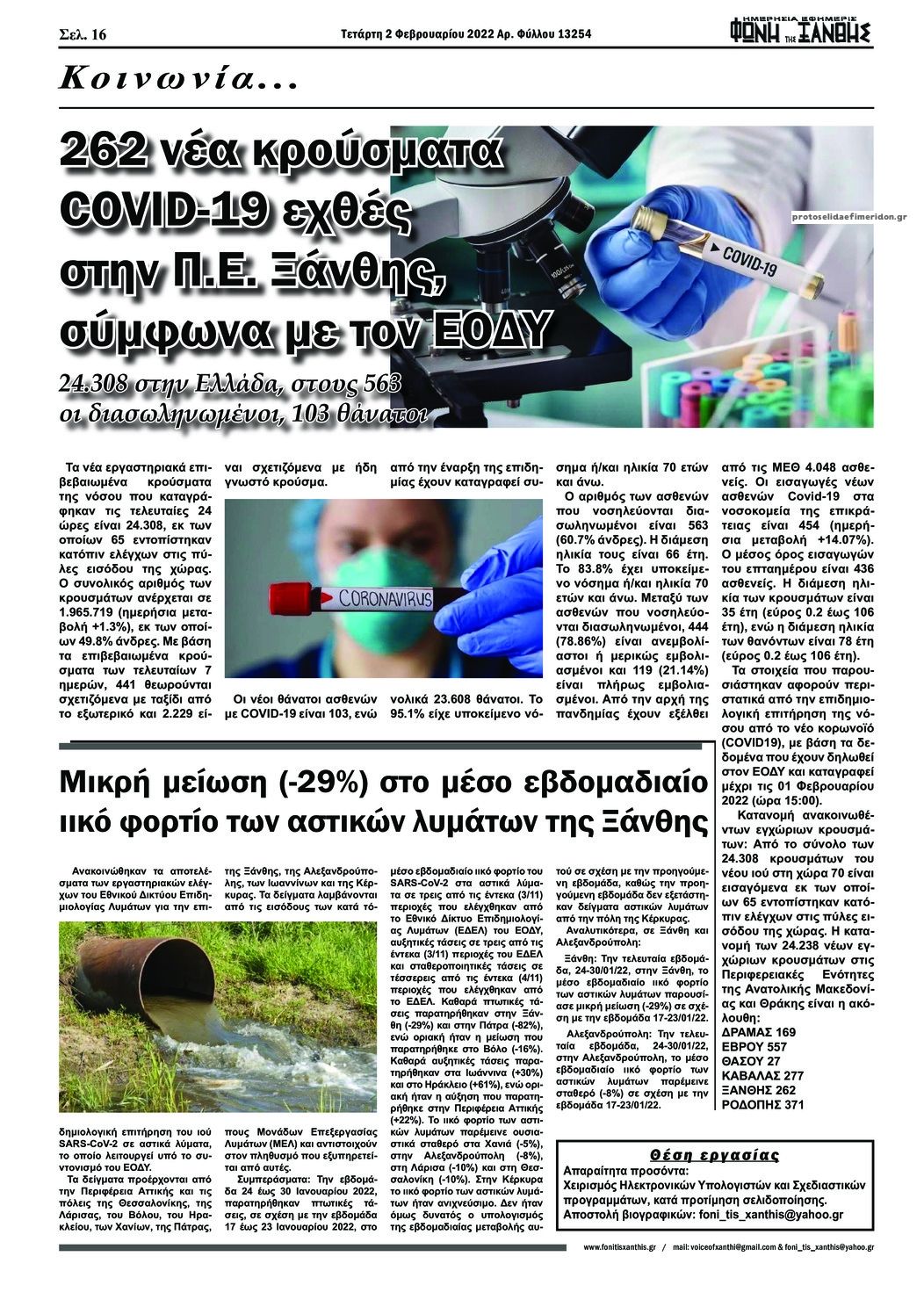 Οπισθόφυλλο εφημερίδας Φωνή της Ξάνθης