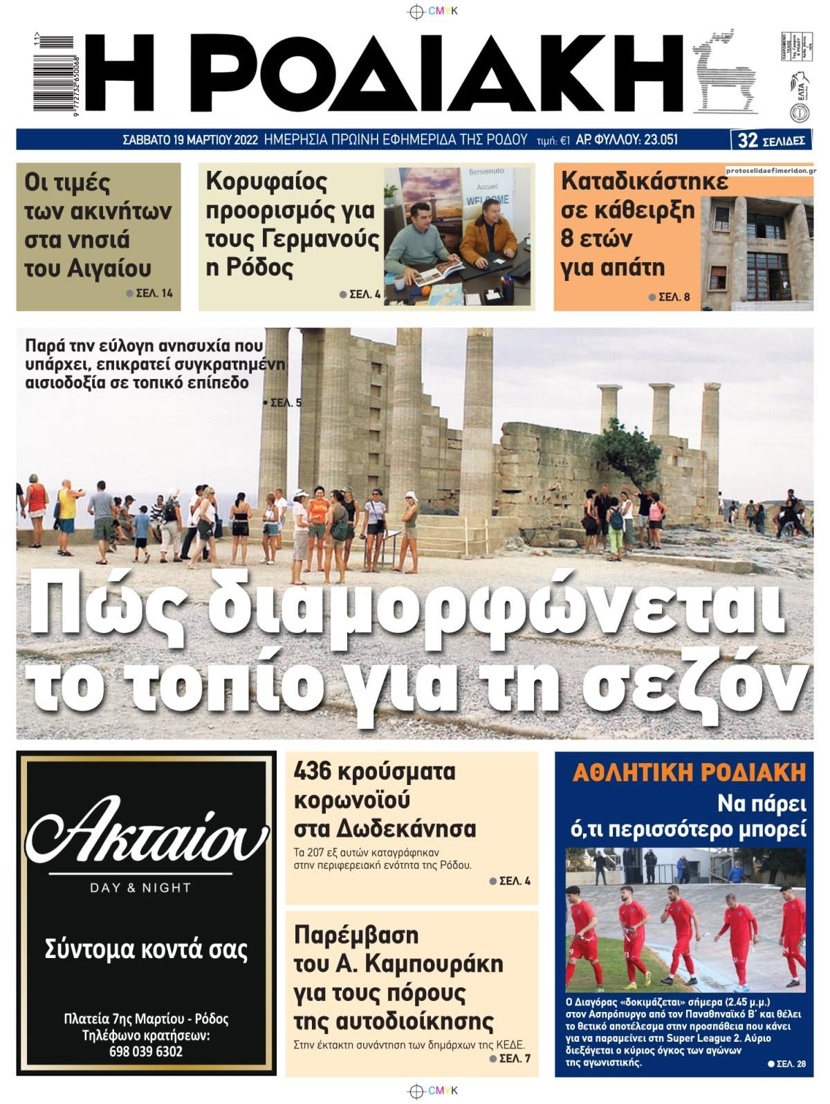 Πρωτοσέλιδο εφημερίδας Ροδιακή