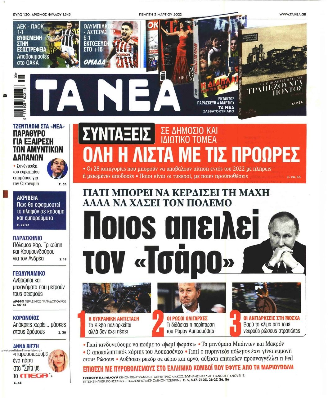 Πρωτοσέλιδο εφημερίδας Τα Νέα