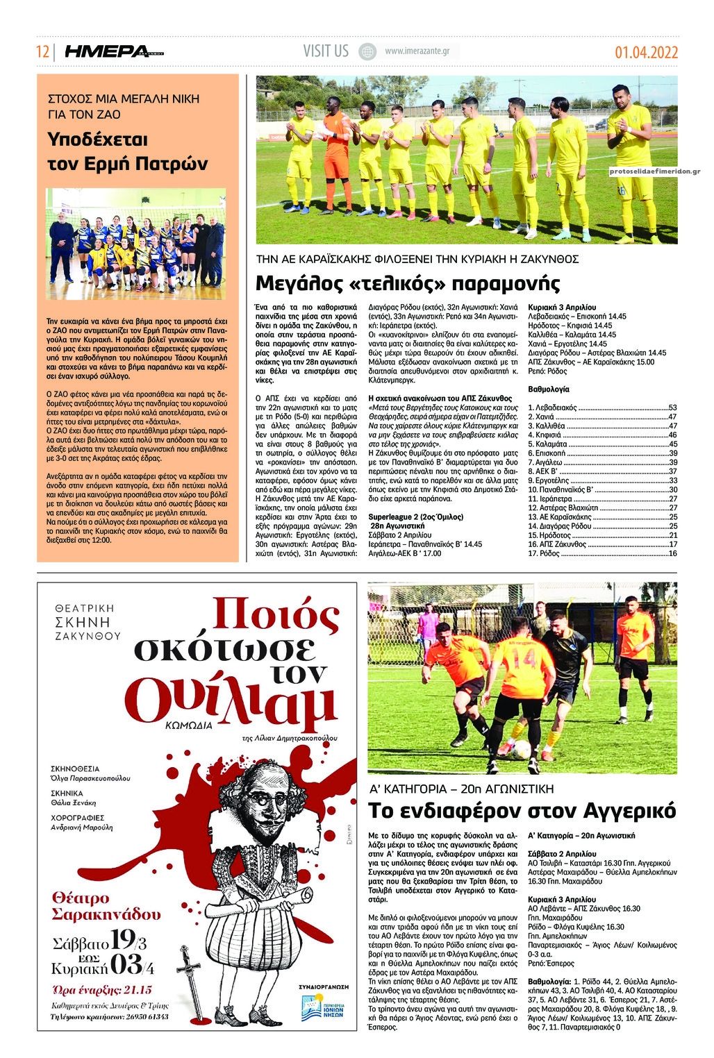 Οπισθόφυλλο εφημερίδας Ημέρα Ζακύνθου
