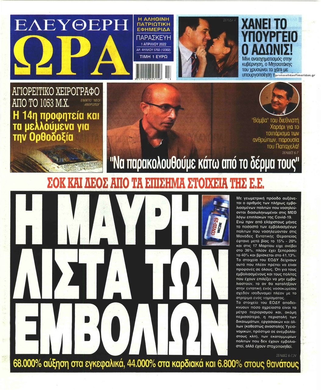 Πρωτοσέλιδο εφημερίδας Ελεύθερη Ώρα