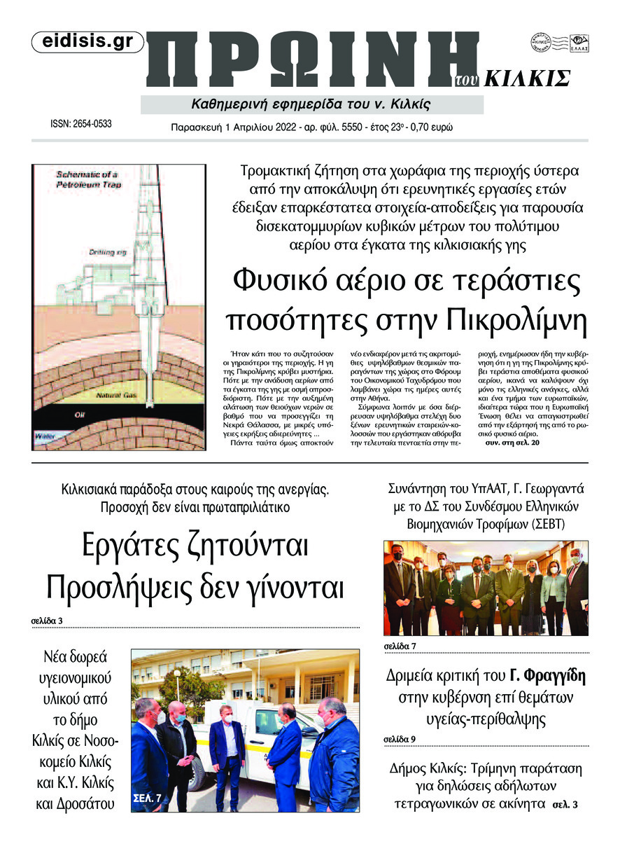 Πρωτοσέλιδο εφημερίδας Πρωινή Κιλκίς