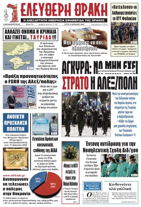 Πρωτοσέλιδο εφημερίδας Ελεύθερη Θράκη