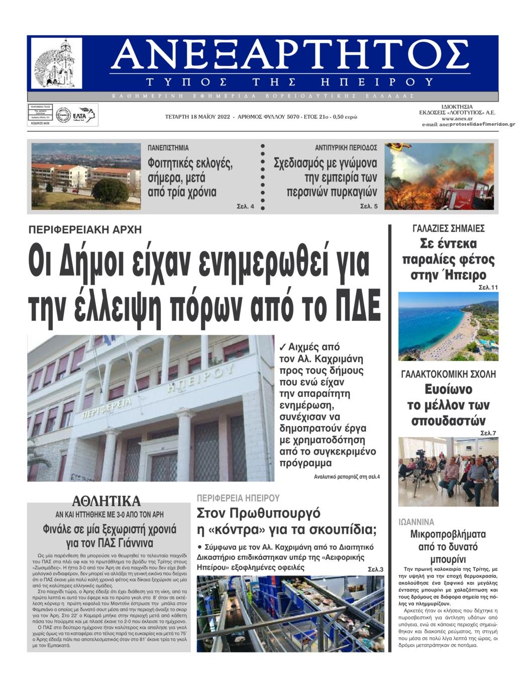 Πρωτοσέλιδο εφημερίδας Ανεξάρτητος Ηπείρου