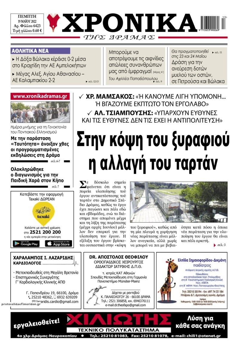 Πρωτοσέλιδο εφημερίδας Χρονικά Δράμας