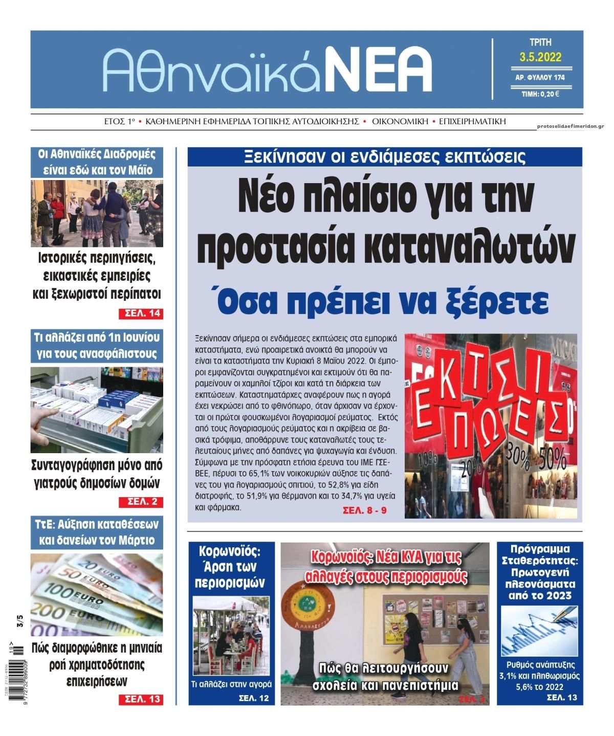 Πρωτοσέλιδο εφημερίδας Αθηναϊκά Νέα