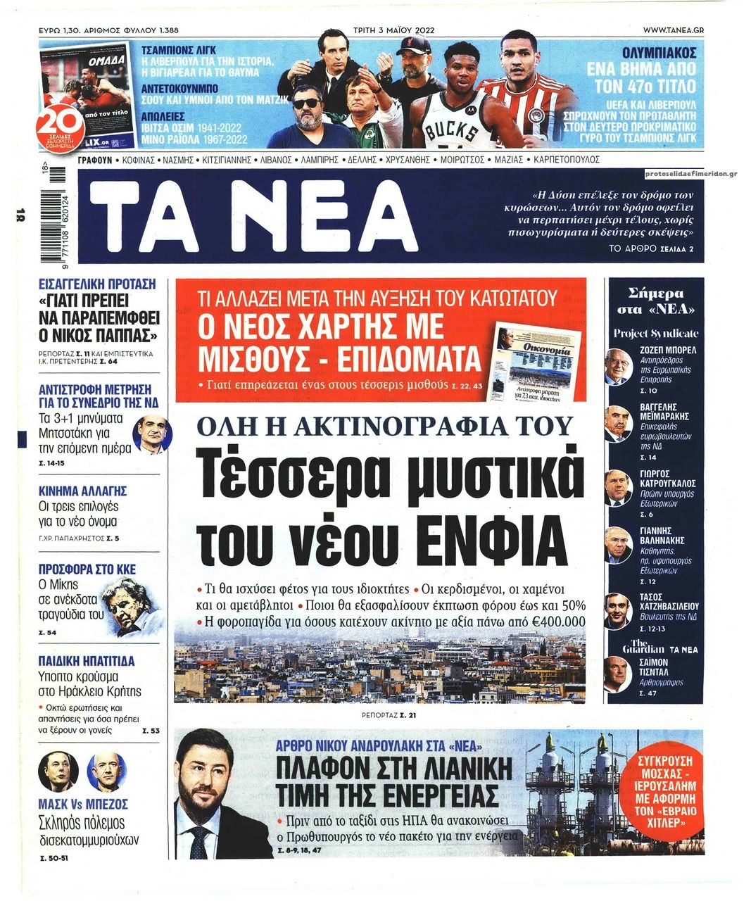 Πρωτοσέλιδο εφημερίδας Τα Νέα