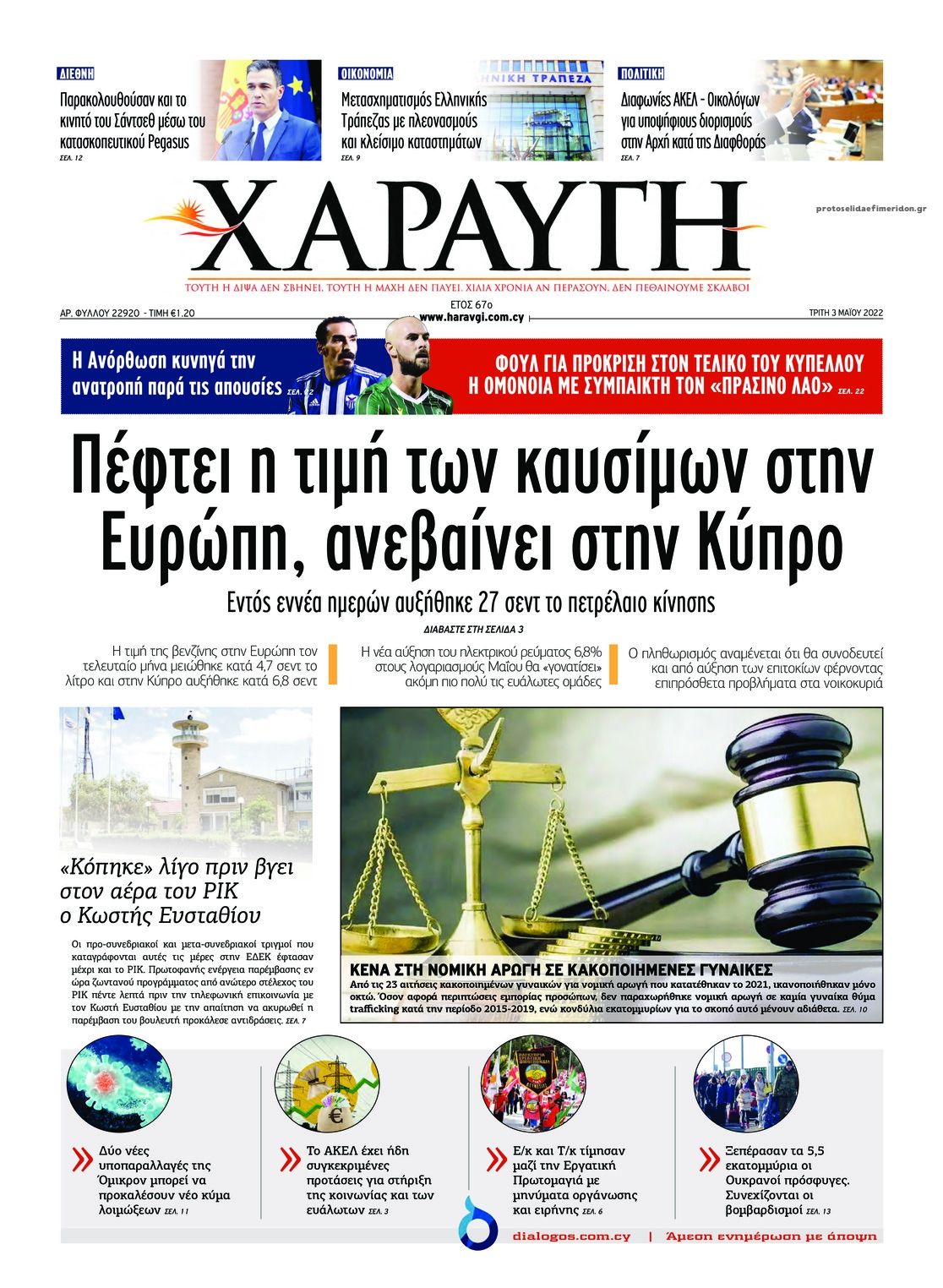 Πρωτοσέλιδο εφημερίδας Χαραυγή Κυπρου