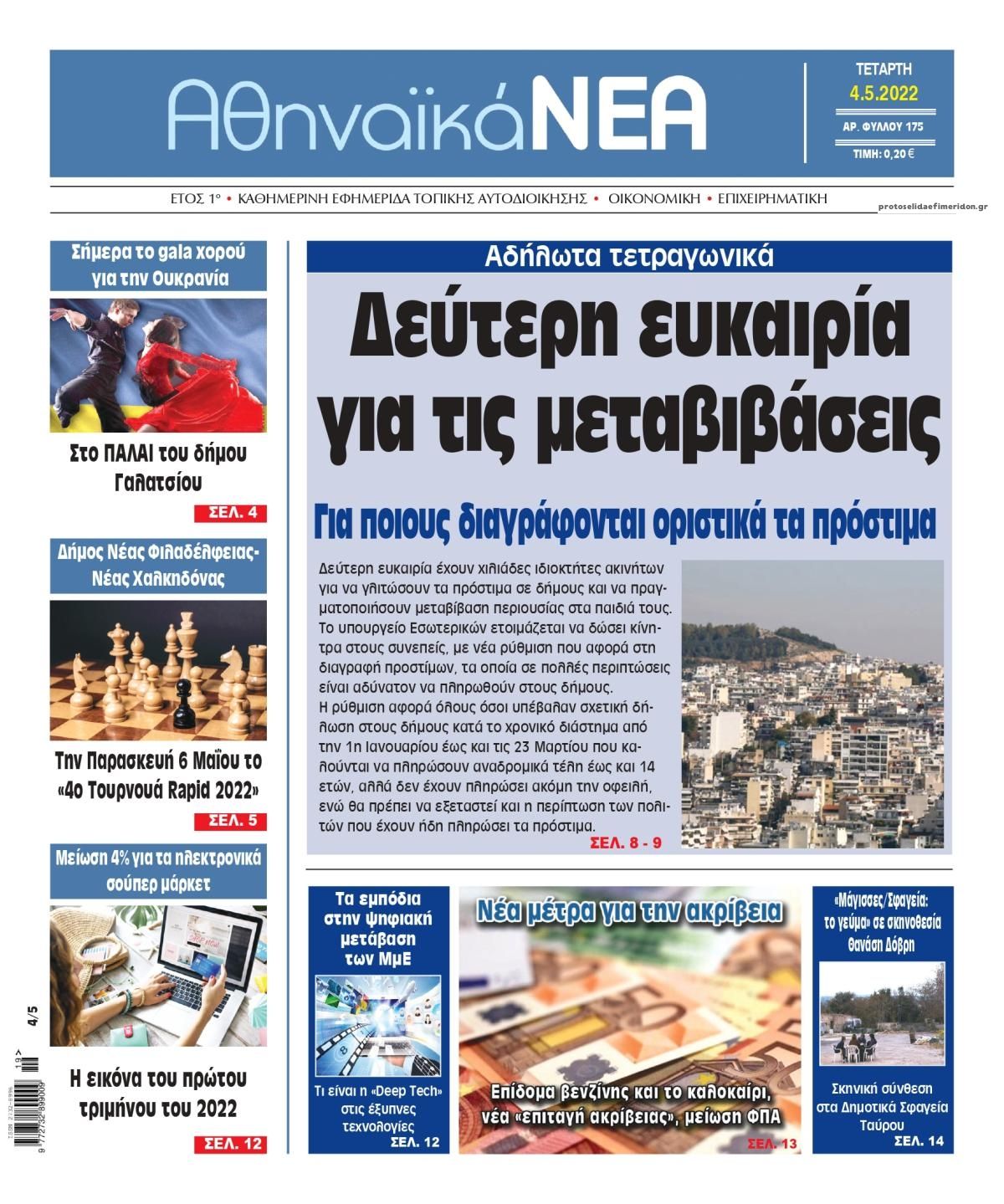 Πρωτοσέλιδο εφημερίδας Αθηναϊκά Νέα