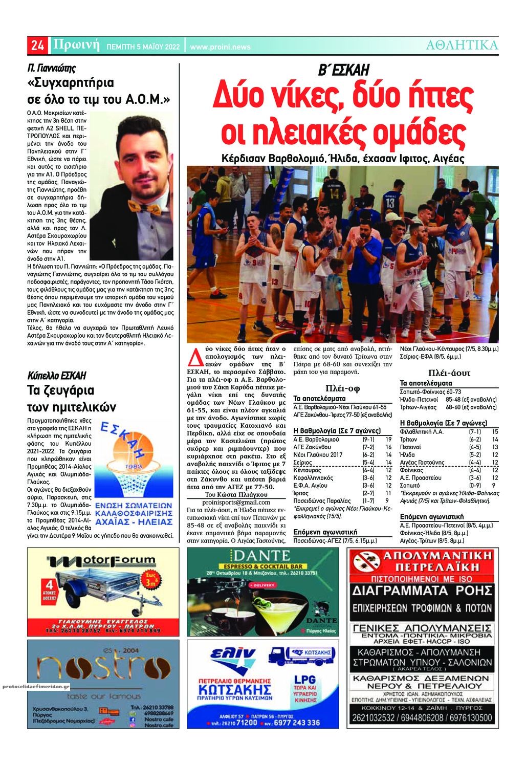 Οπισθόφυλλο εφημερίδας Πρωινή Ηλείας