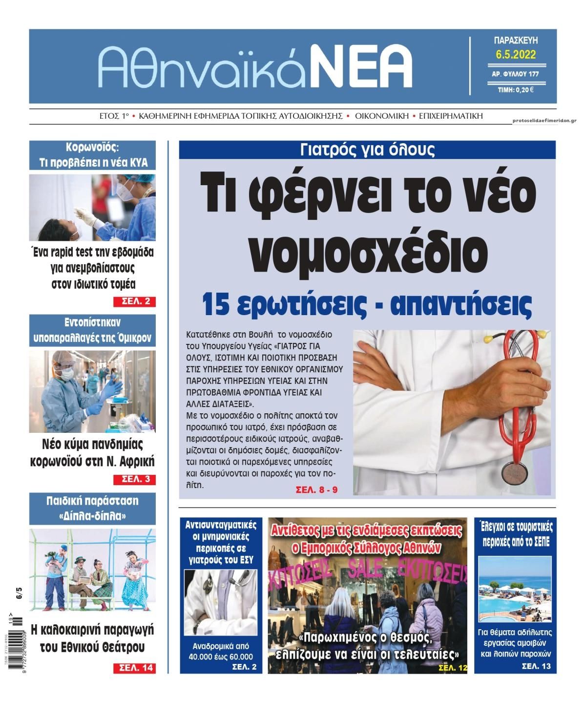 Πρωτοσέλιδο εφημερίδας Αθηναϊκά Νέα