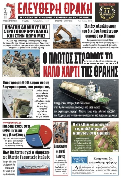 Πρωτοσέλιδο εφημερίδας Ελεύθερη Θράκη