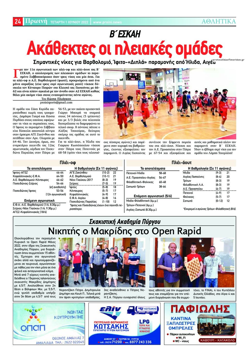 Οπισθόφυλλο εφημερίδας Πρωινή Ηλείας