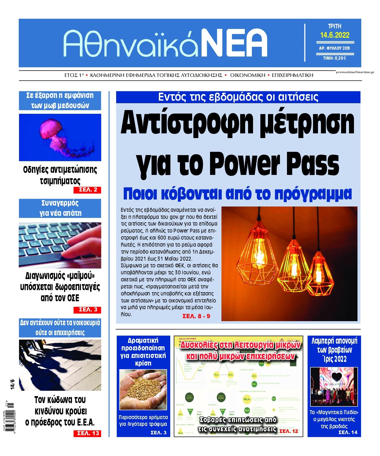 Πρωτοσέλιδο εφημερίδας Αθηναϊκά Νέα