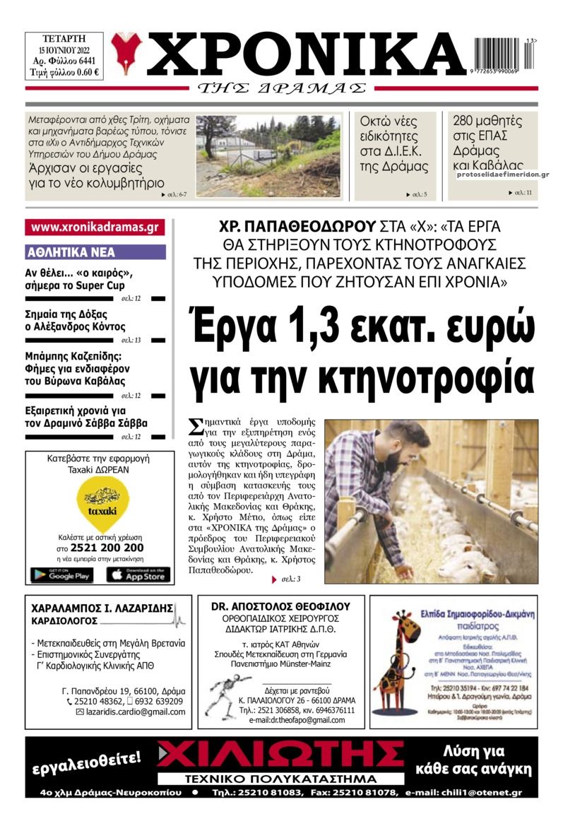 Πρωτοσέλιδο εφημερίδας Χρονικά Δράμας