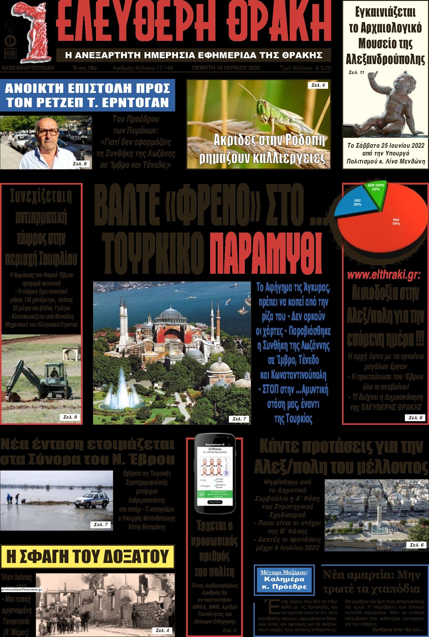 Πρωτοσέλιδο εφημερίδας Ελεύθερη Θράκη