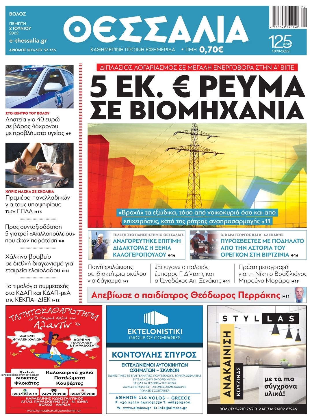 Πρωτοσέλιδο εφημερίδας Θεσσαλία