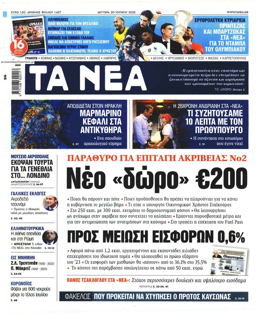 Πρωτοσέλιδο εφημερίδας Τα Νέα