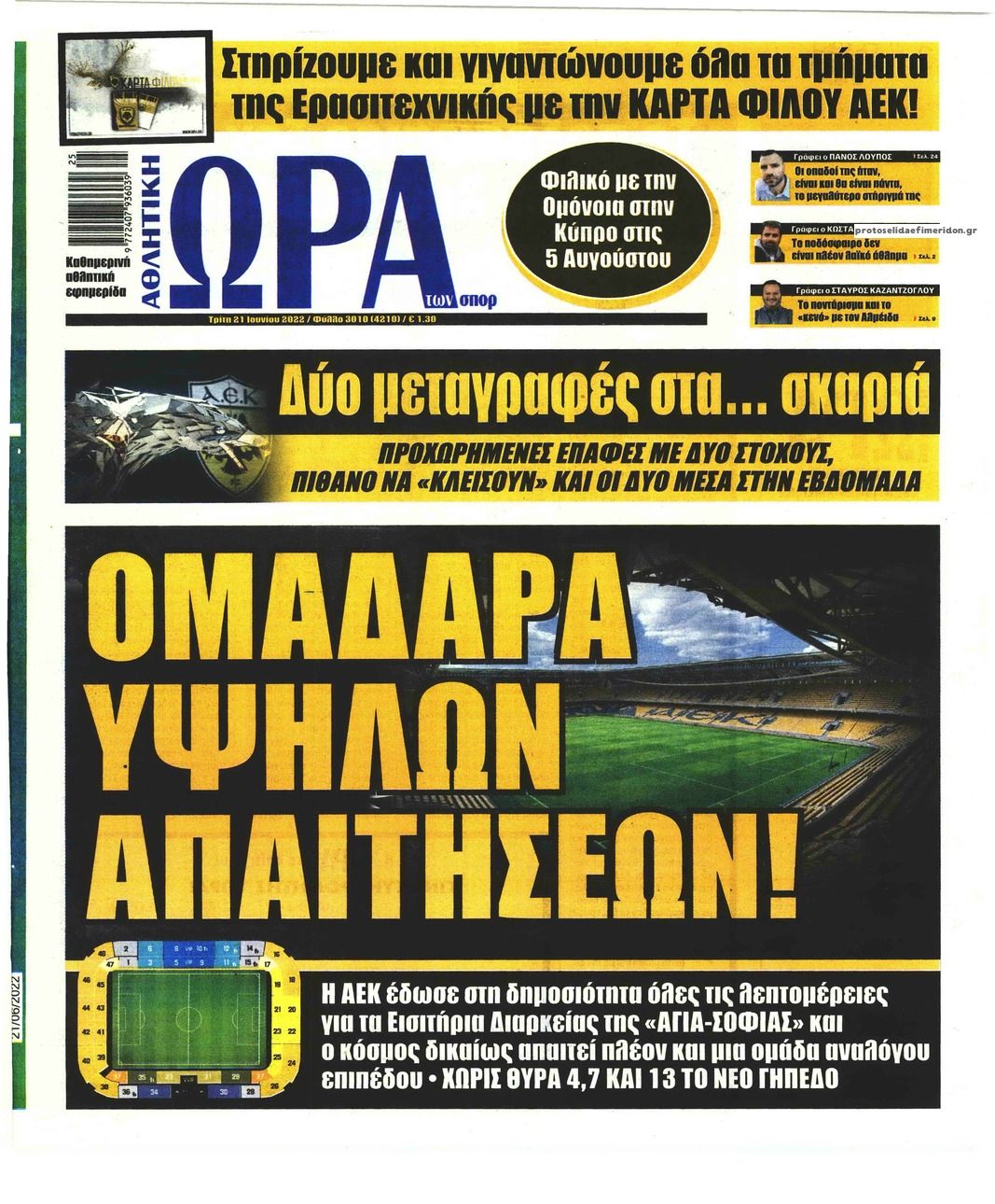 Πρωτοσέλιδο εφημερίδας Η ώρα των Σπορ