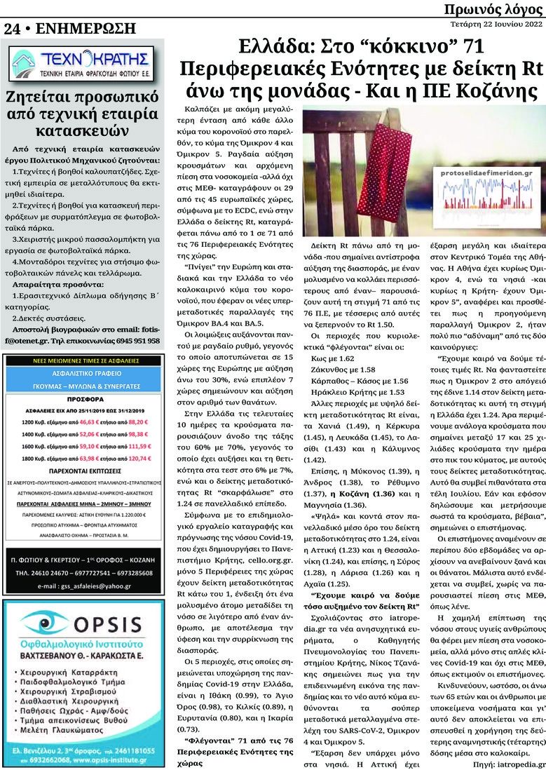 Οπισθόφυλλο εφημερίδας Πρωινός λόγος Κοζάνης
