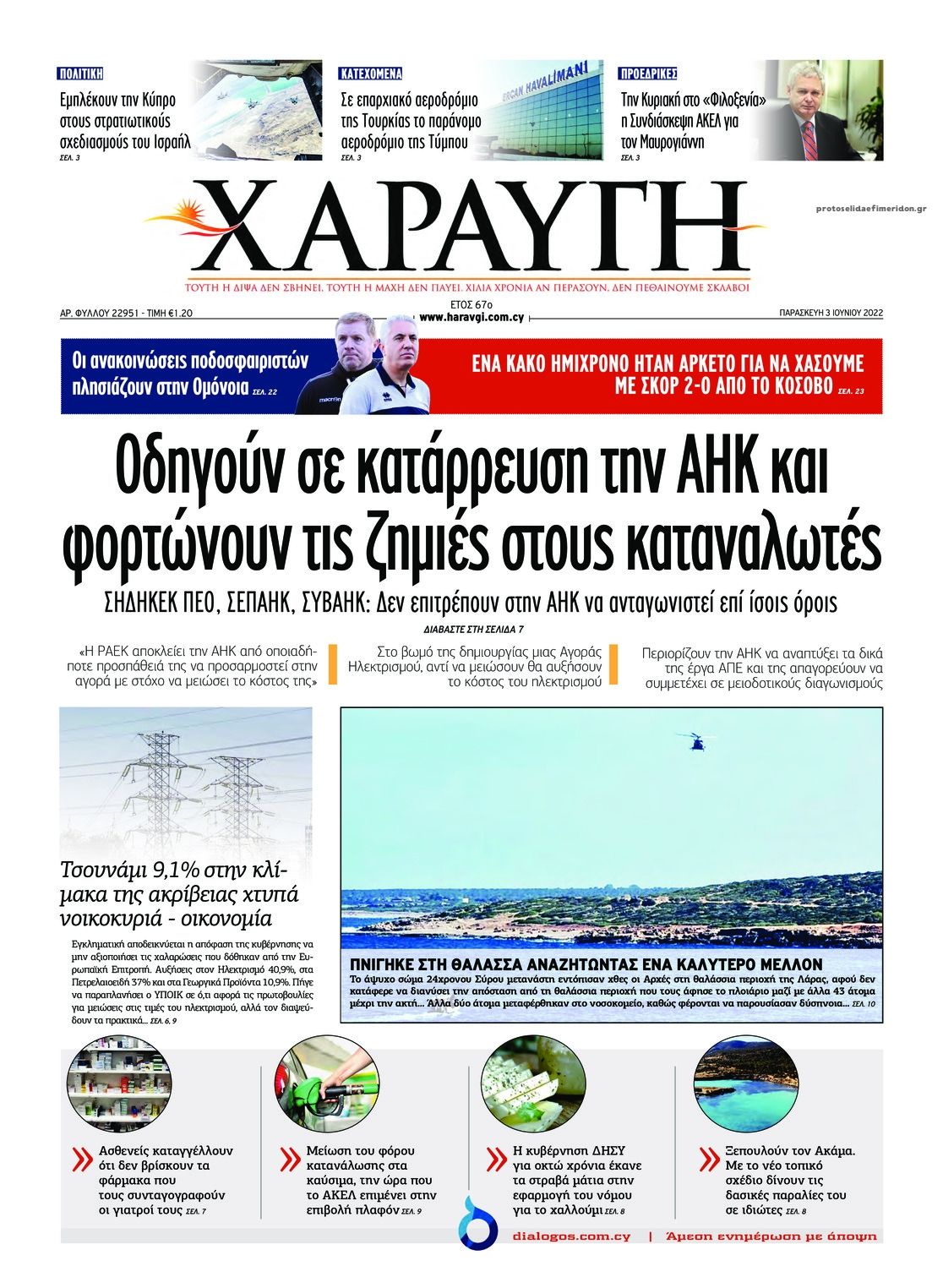 Πρωτοσέλιδο εφημερίδας Χαραυγή Κυπρου