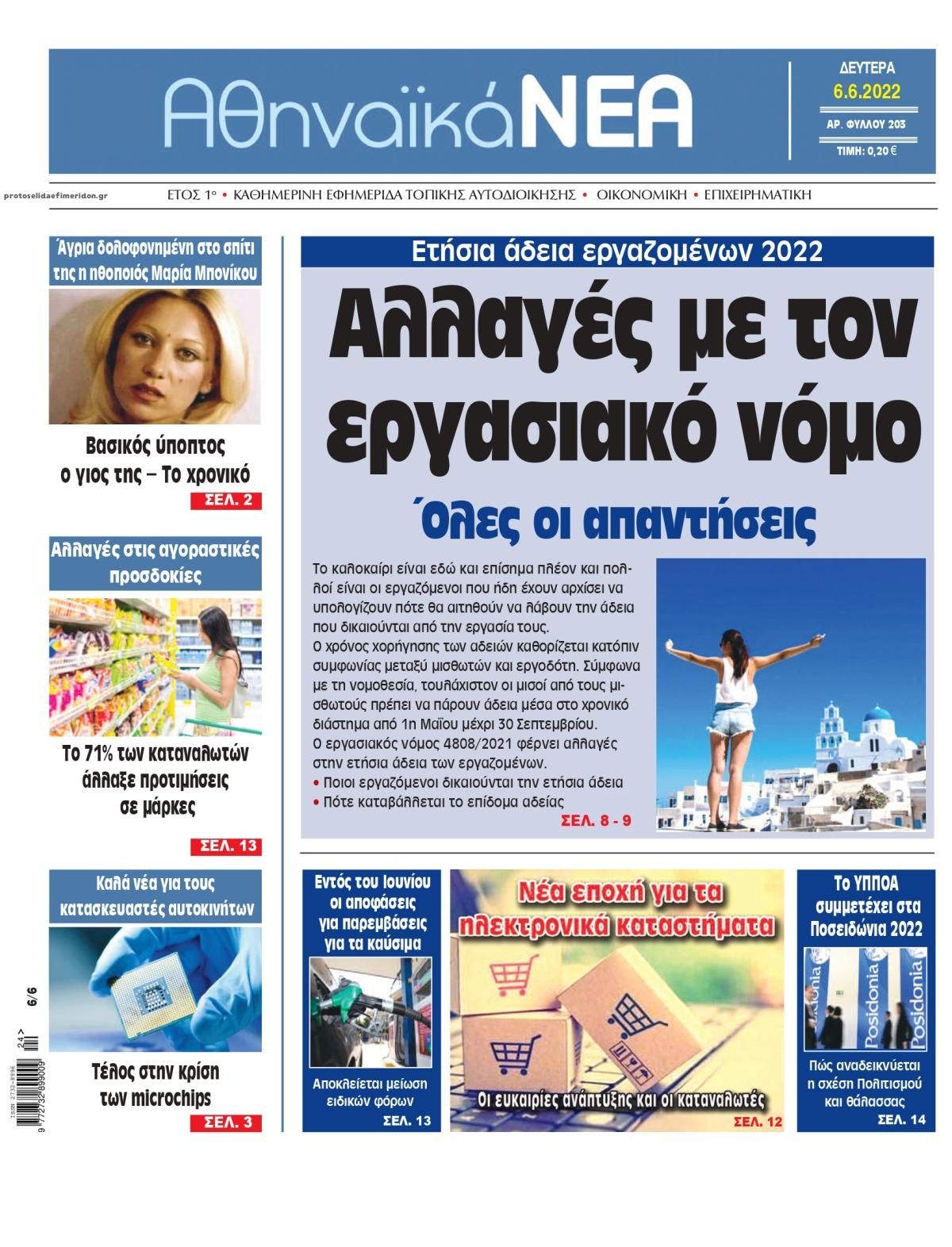 Πρωτοσέλιδο εφημερίδας Αθηναϊκά Νέα