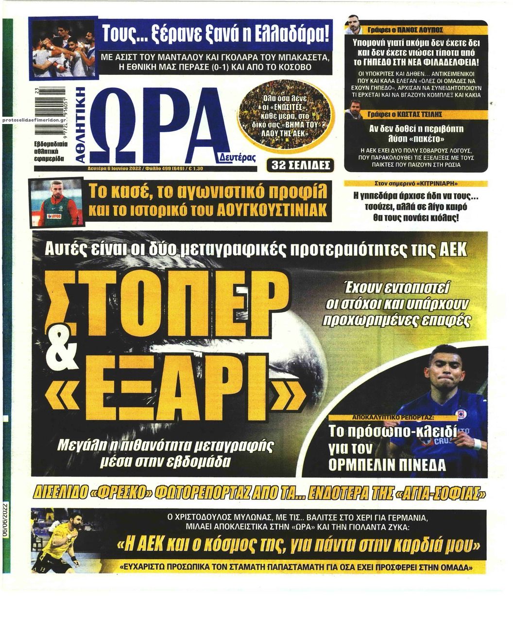 Πρωτοσέλιδο εφημερίδας Η ώρα των Σπορ