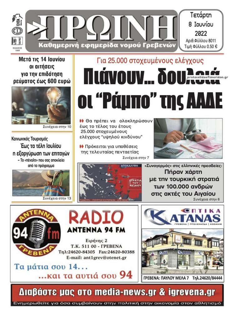 Πρωτοσέλιδο εφημερίδας Πρωινή Γρεβενών
