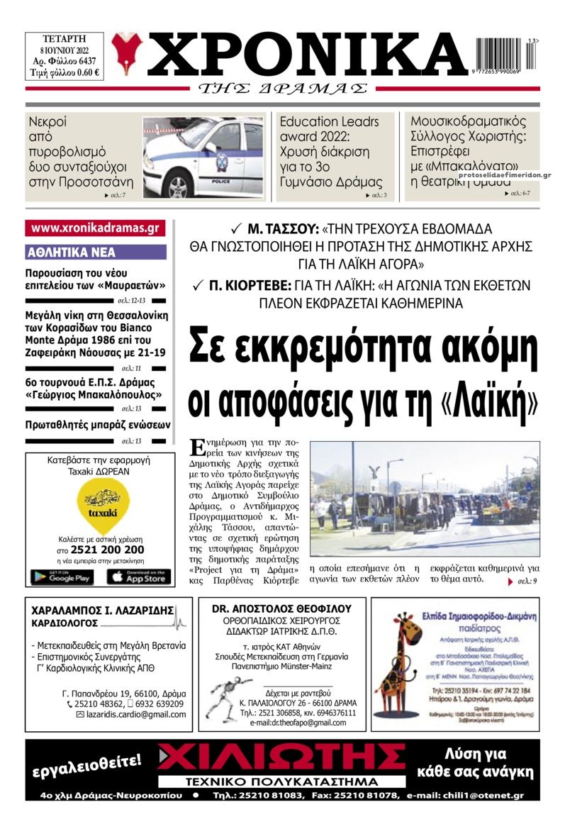 Πρωτοσέλιδο εφημερίδας Χρονικά Δράμας