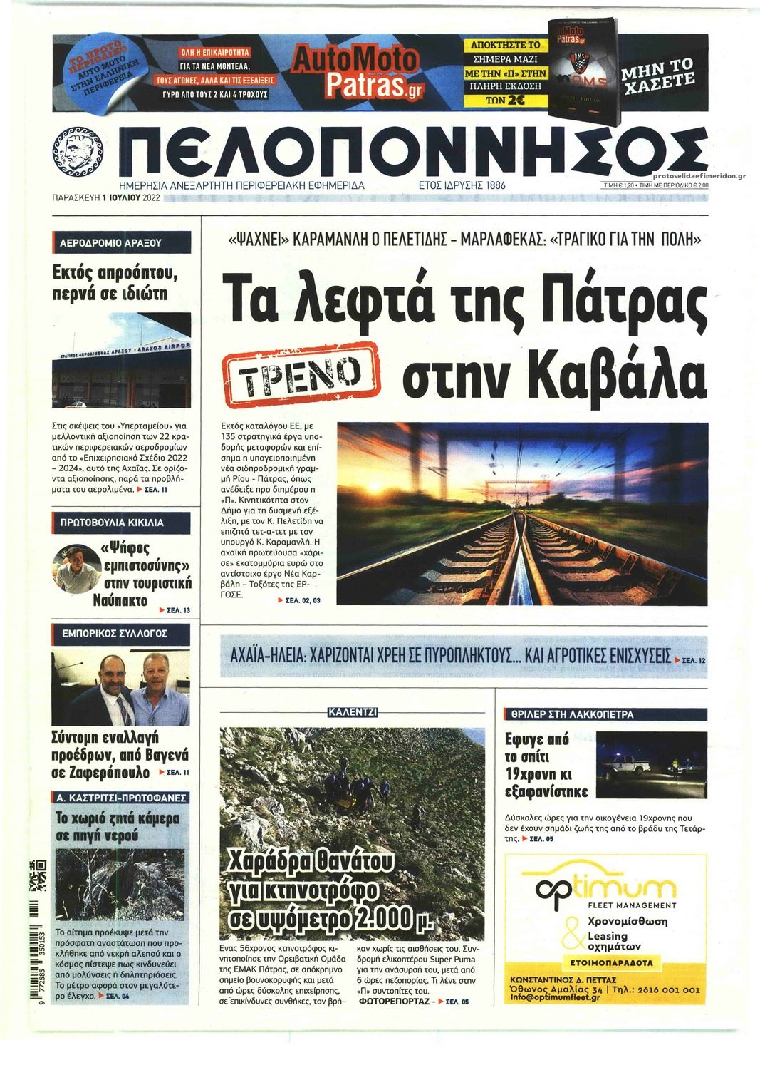 Πρωτοσέλιδο εφημερίδας Πελοπόννησος