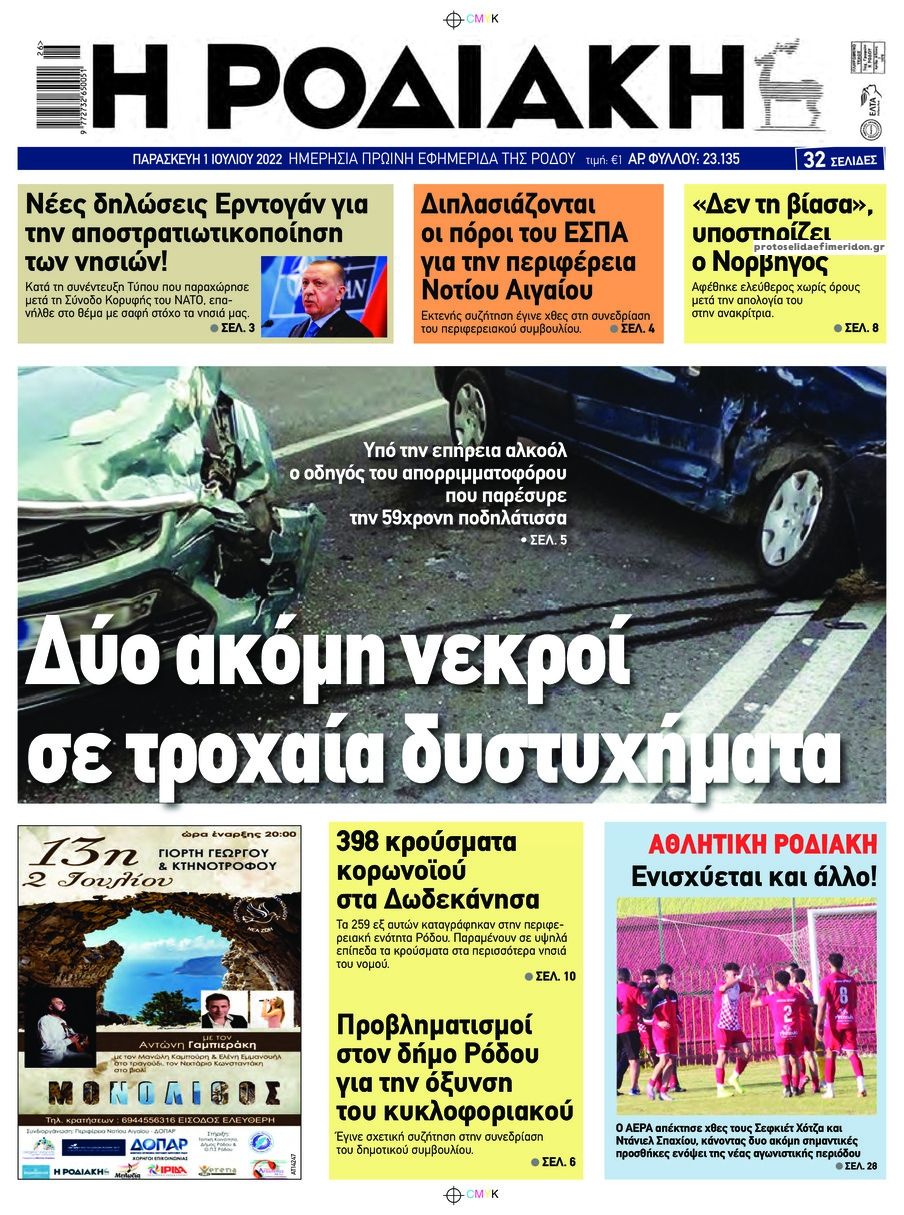 Πρωτοσέλιδο εφημερίδας Ροδιακή