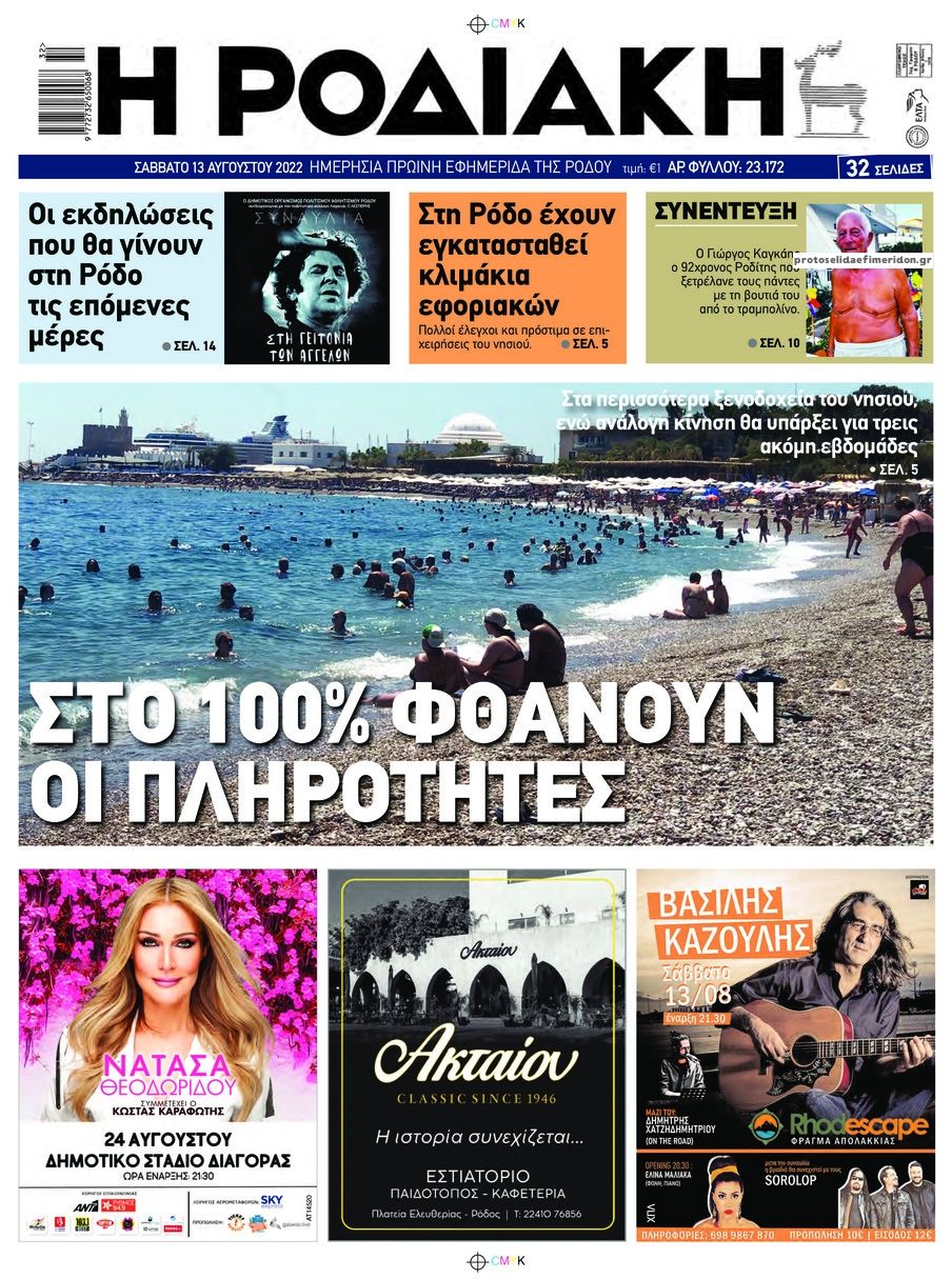 Πρωτοσέλιδο εφημερίδας Ροδιακή