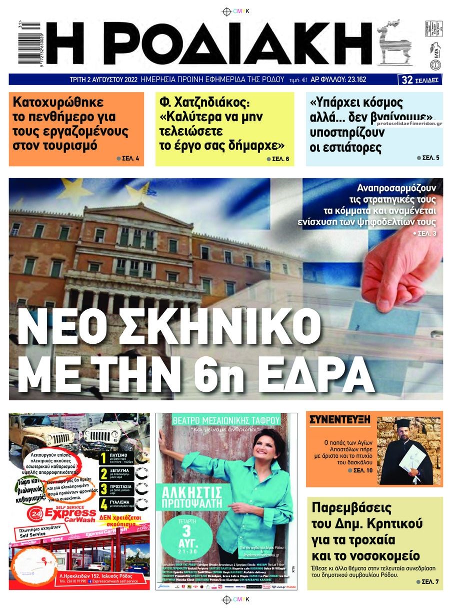 Πρωτοσέλιδο εφημερίδας Ροδιακή