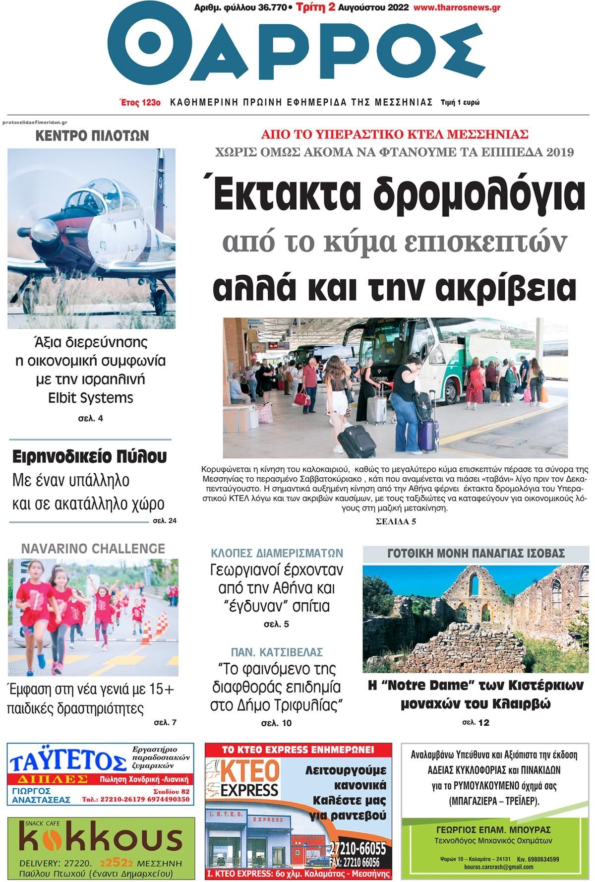 Πρωτοσέλιδο εφημερίδας Θάρρος Μεσσηνίας