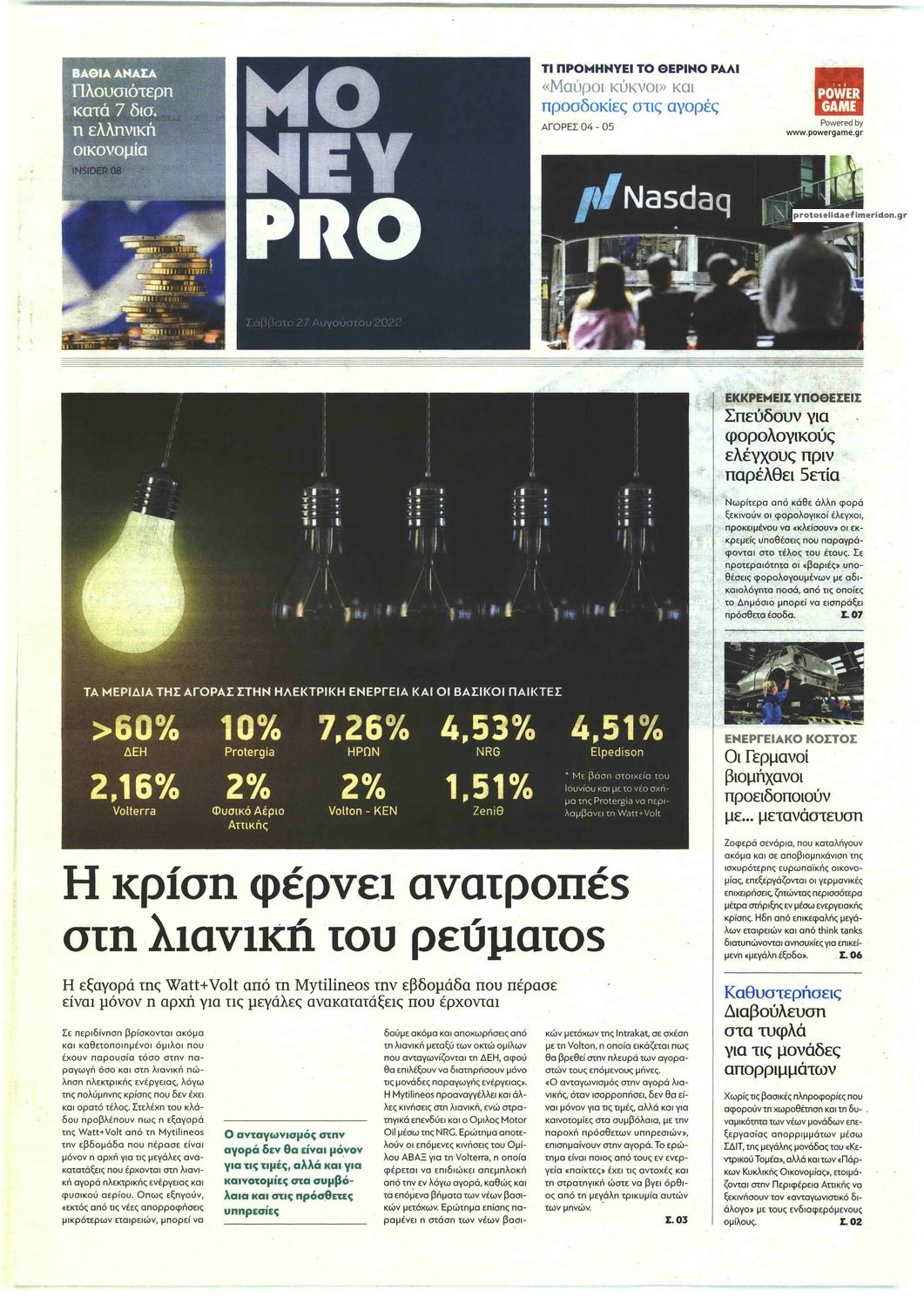 Πρωτοσέλιδο εφημερίδας ΠΑΡΑΠΟΛΙΤΙΚΑ - MONEYPRO